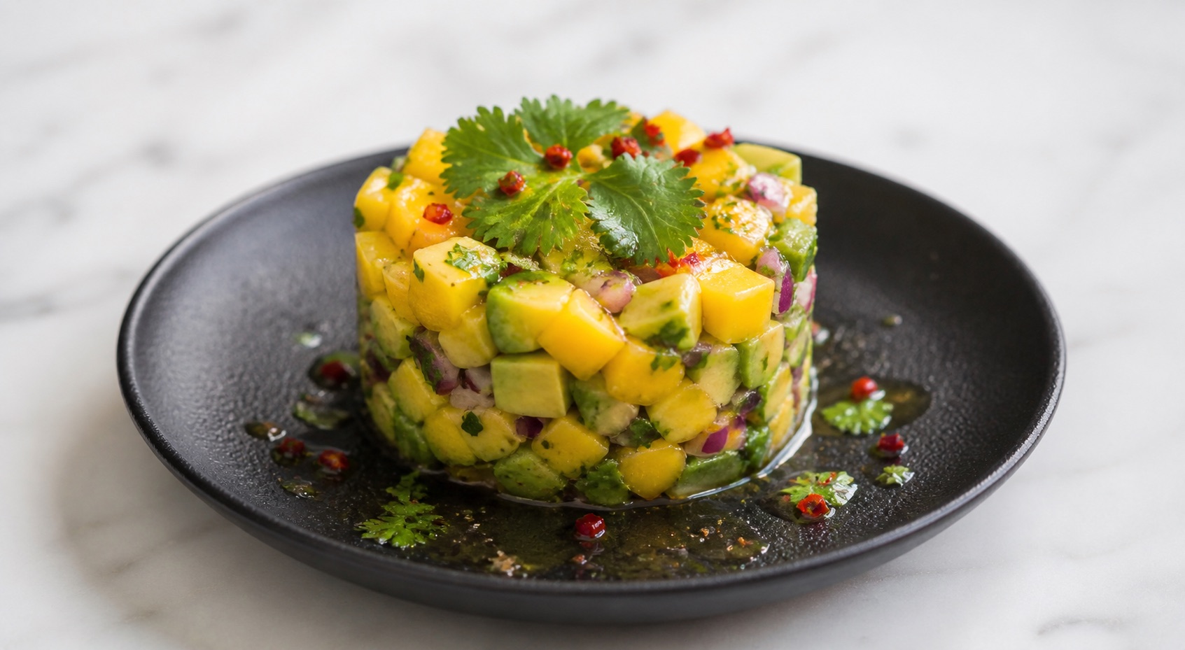 Avocado-mango tartaartje met rode ui, chili en limoen