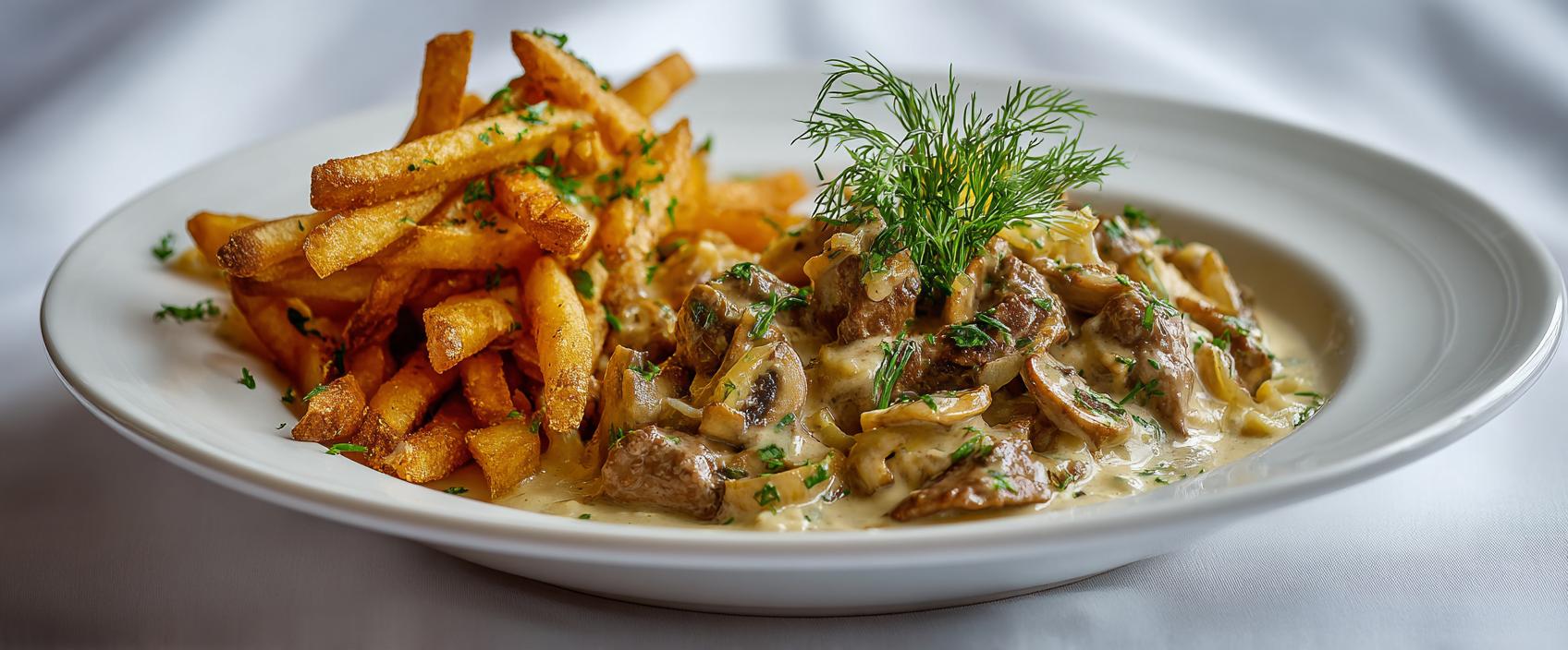 Beef Stroganoff Met Dubbel Gefrituurde Frites — Klassiek En Het Beste