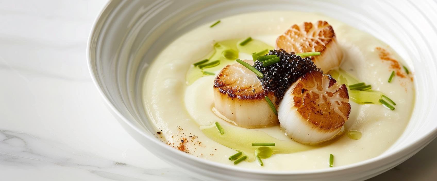 Bloemkoolsoep met geschroeide coquille en kaviaar