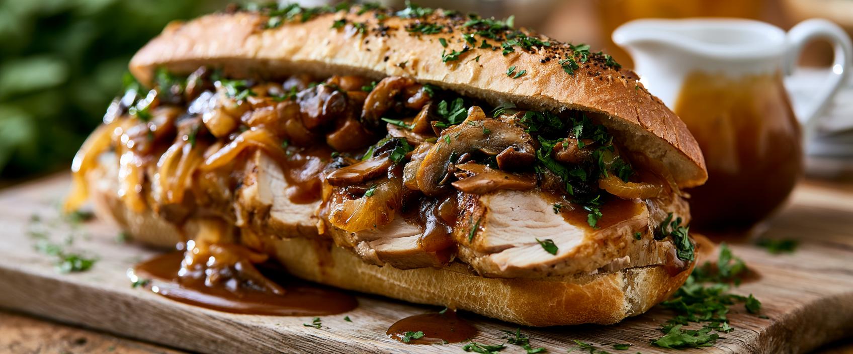 Broodje warm vlees met frikandeau, champignons en mosterdjus