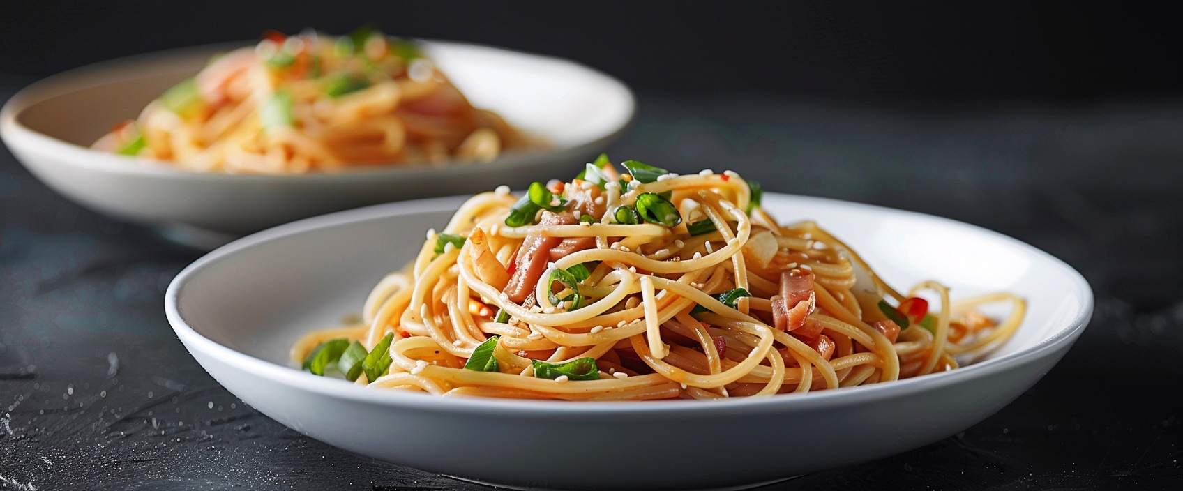 Lichte Chinese Bami met linguine, ham, ei, prei en sojasaus