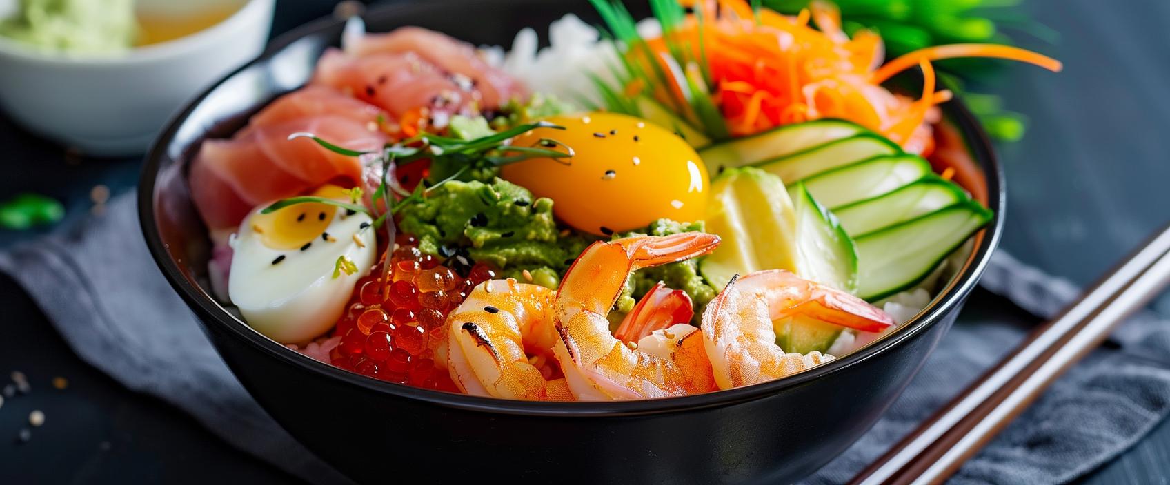Chirashi-sushi met coquille, garnaal en tonijn