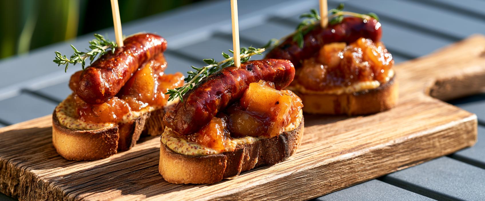 Pintxo de chistorra met appelcompote, honingmosterd en tijm
