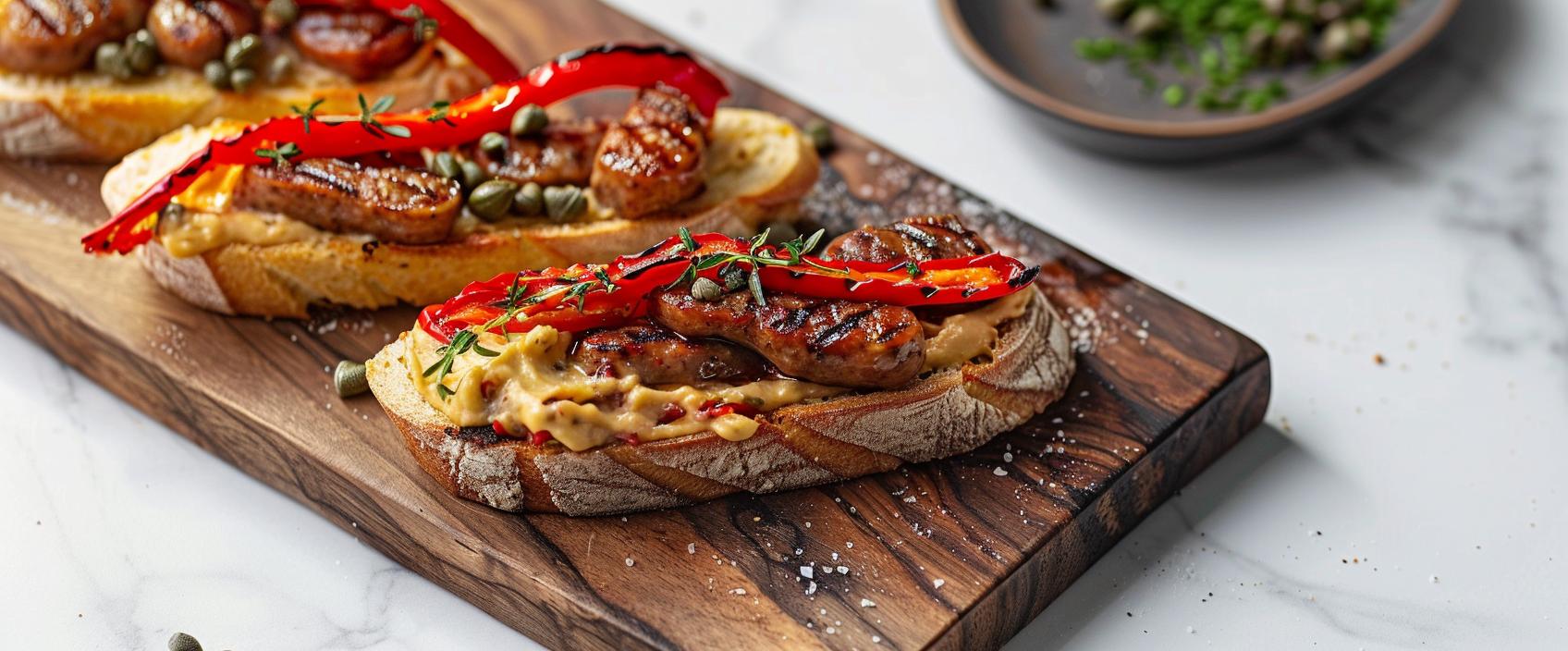 Pintxo de chistorra met geroosterde paprika, aioli en kappertjes