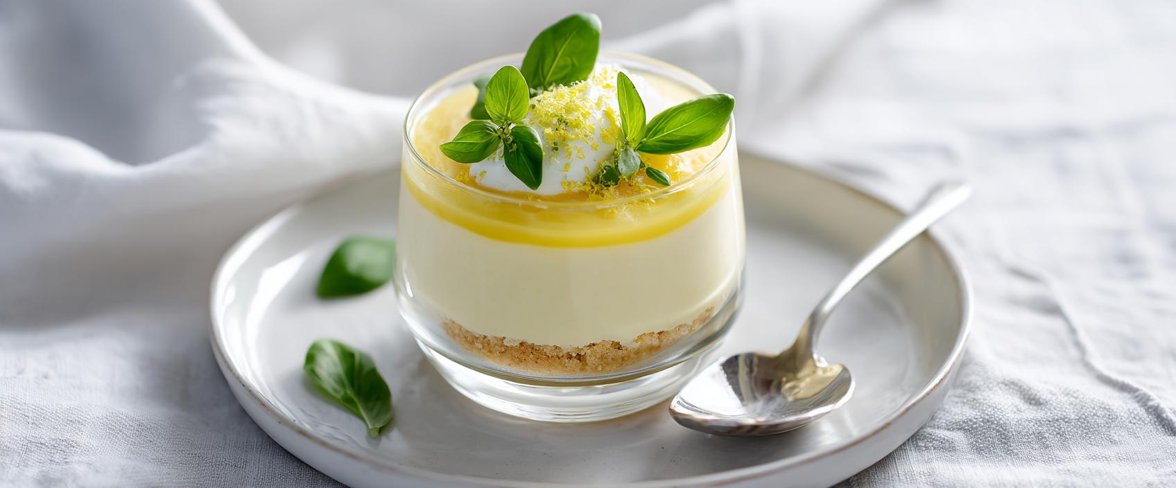 Citroentartelette in Glas met Lemon Curd, Zanddeegcrumble, Crème Fraîche en Basilicum