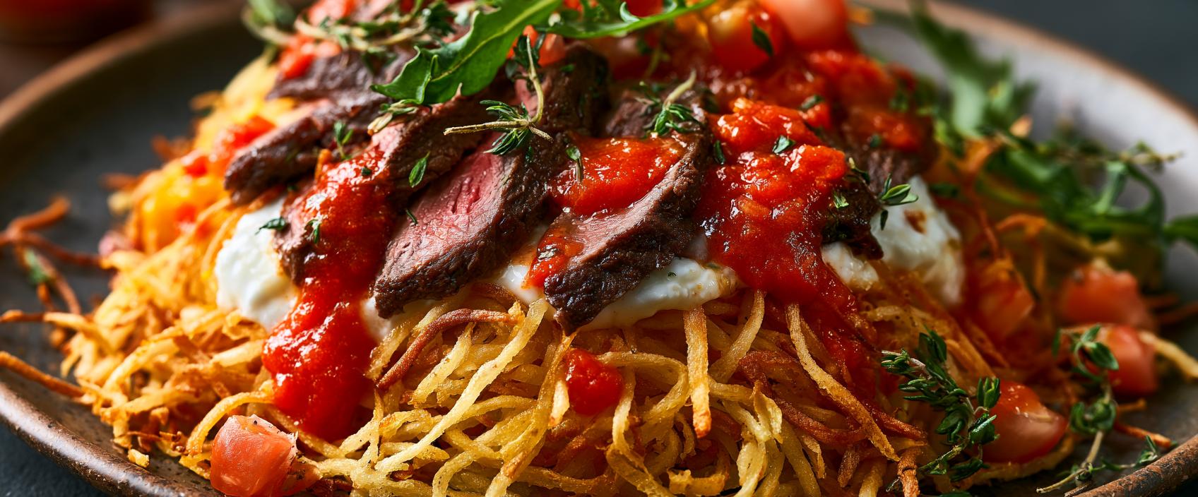 Çökertme Kebabı met Entrecôte — krokante aardappelstro, knoflookyoghurt en rosé rund