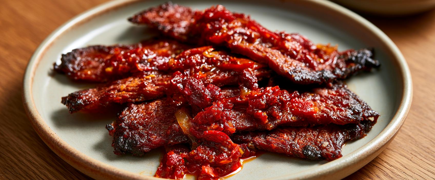 Dendeng Balado Krokant — flinterdun rund met rode sambal balado