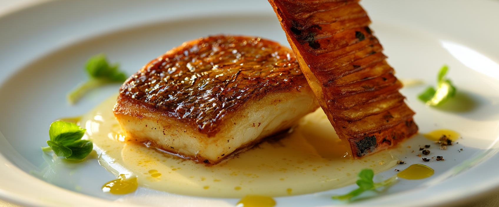 Dorade op de huid met txakoli-manzanilla beurre blanc en zeewiercrisp