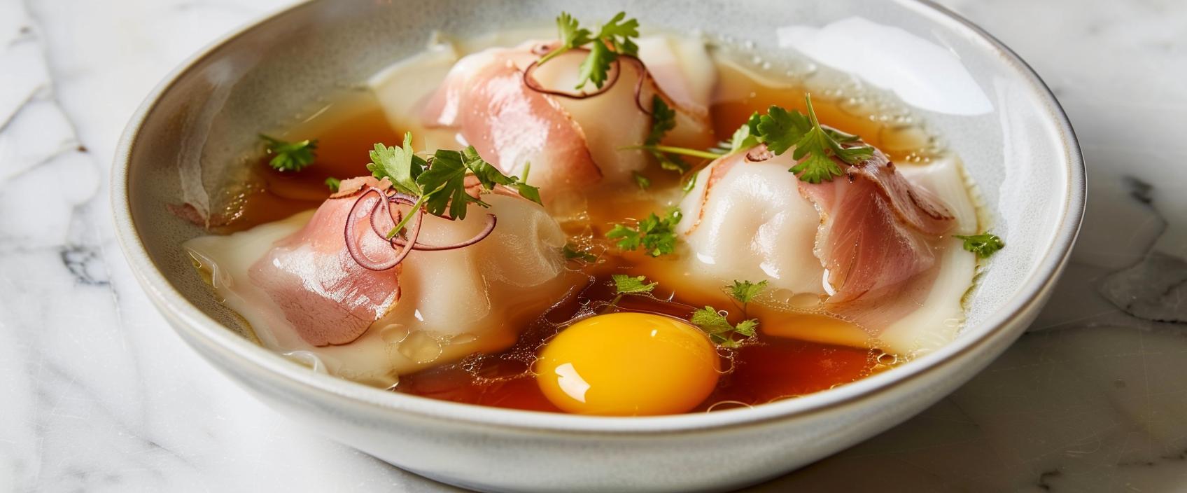 Dumpling van jamón ibérico met vloeiende truffeldooier en sherrybouillon
