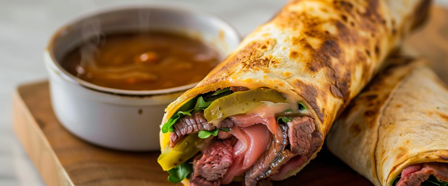 Entrecote-wrap met jus om te dopen & mierikswortel-mosterdsaus