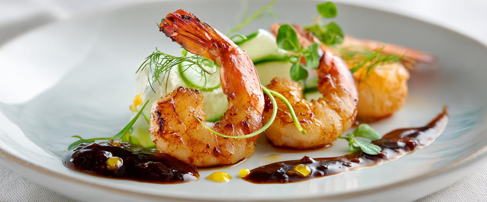 Gamba met sambal toatjo — dunne sambalsaus, fris komkommeraccent en citrusolie