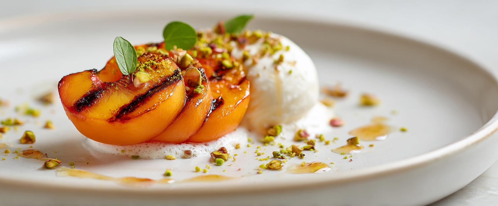 Gegrilde Perzik of Abrikoos met Yoghurtcrème, Honing en Pistache