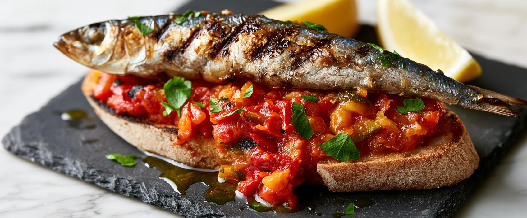 Gegrilde sardine op pisto manchego