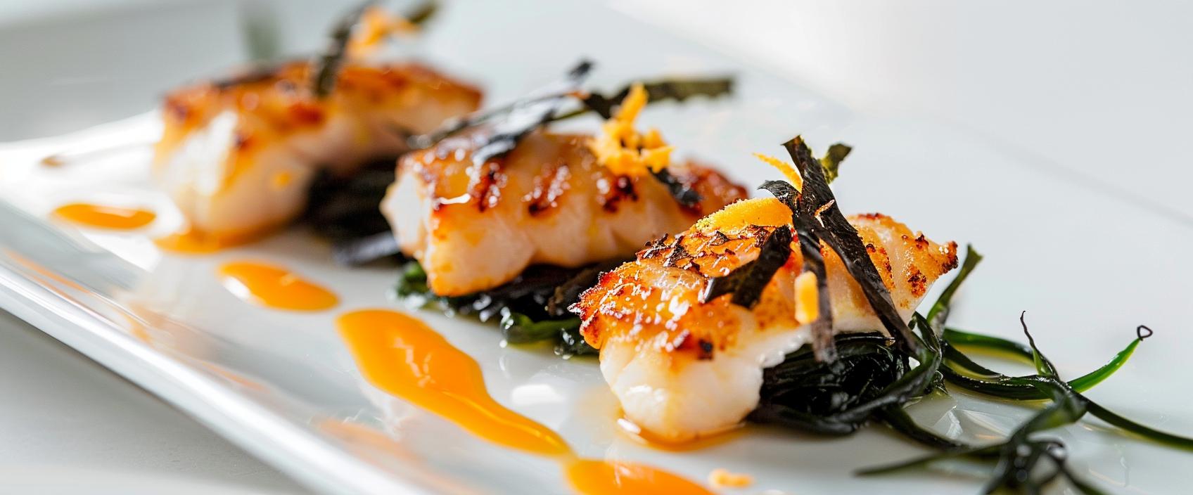 Gegrilde sojazeebaars met wakame, crispy nori en lichte citrussaus