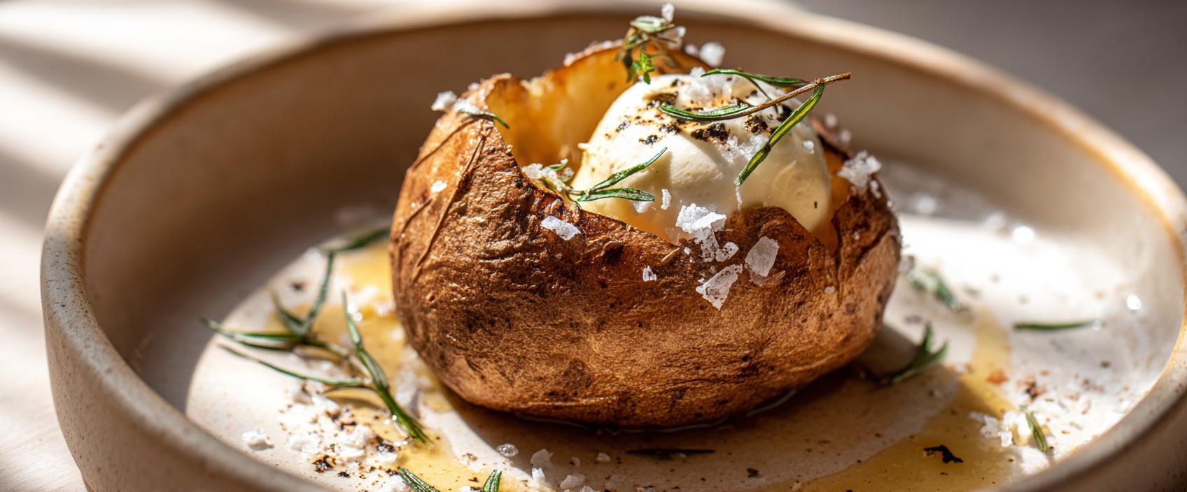 Gepofte aardappel in zoutkorst met beurre noisette en Parmigiano-essence — Reale-stijl
