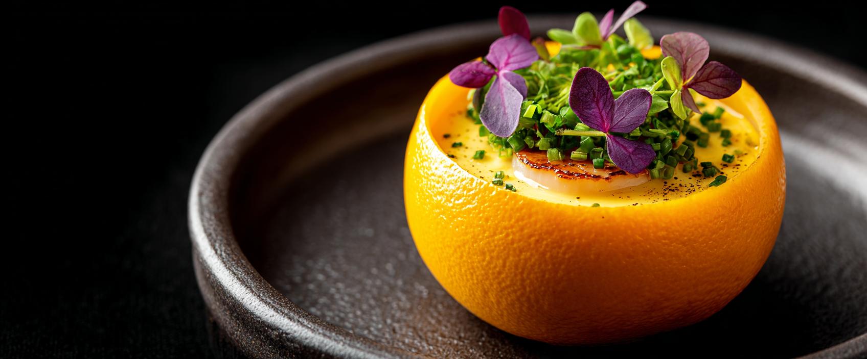 Gestoomde eiercustard met coquille in sinaasappelschil