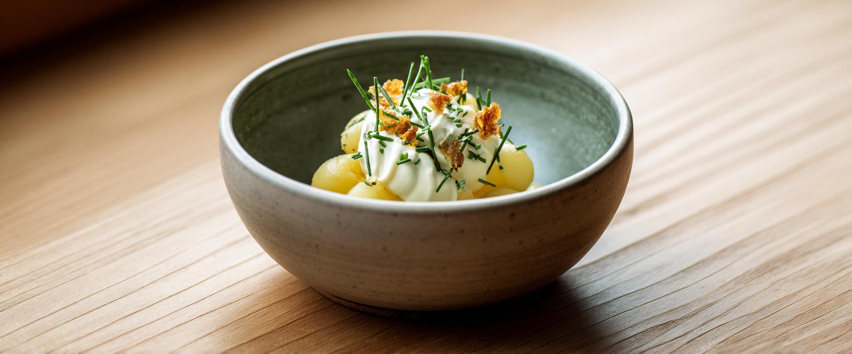 "Hot Potato, Cold Potato" — koude aardappelcrème, warme krieltjes, spekcrumble en bieslookolie