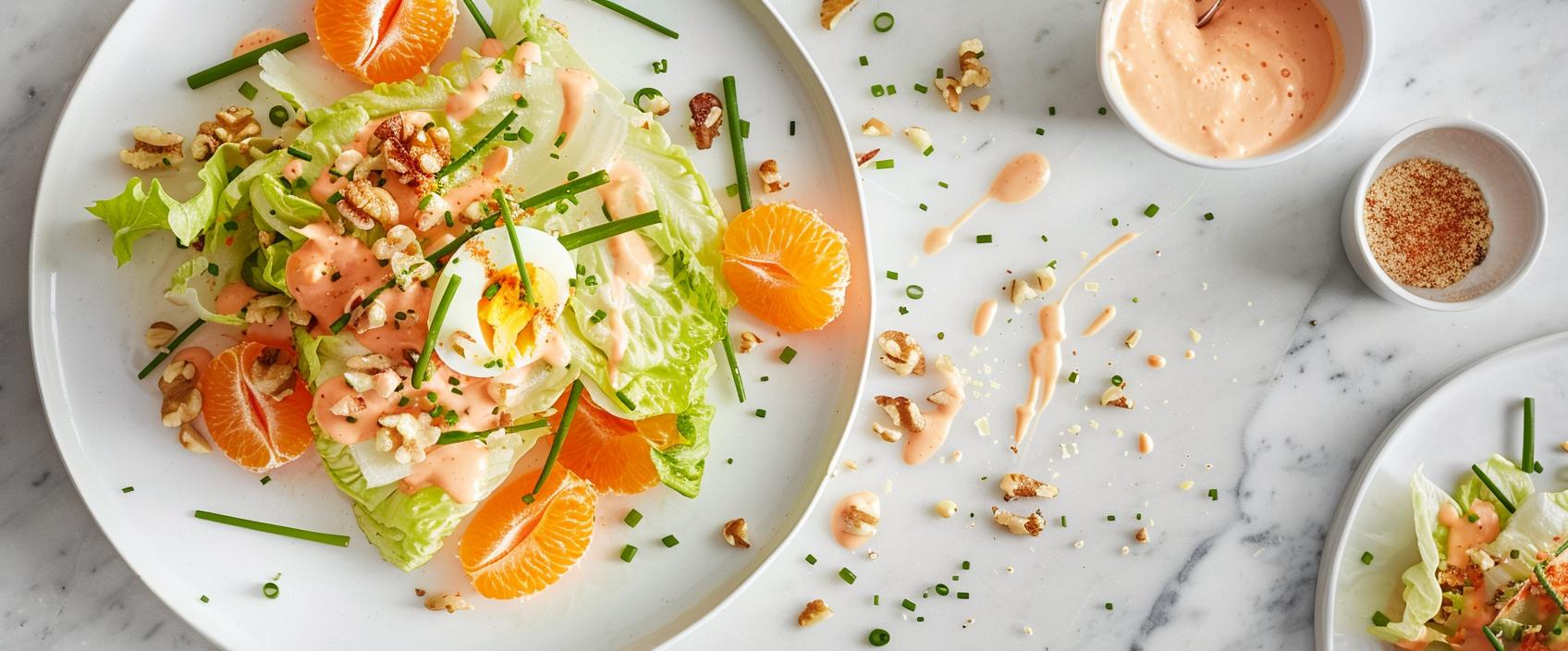 IJsbergsla met mandarijn, jonge belegen kaas, ei en lichte cocktailsaus
