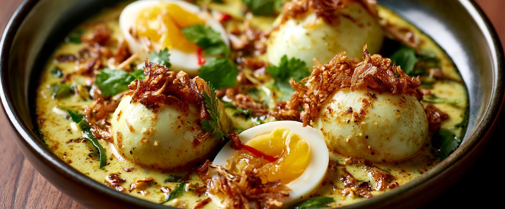 Indonesische eiercurry met kokos — gebakken eieren in aromatische bumbu-saus