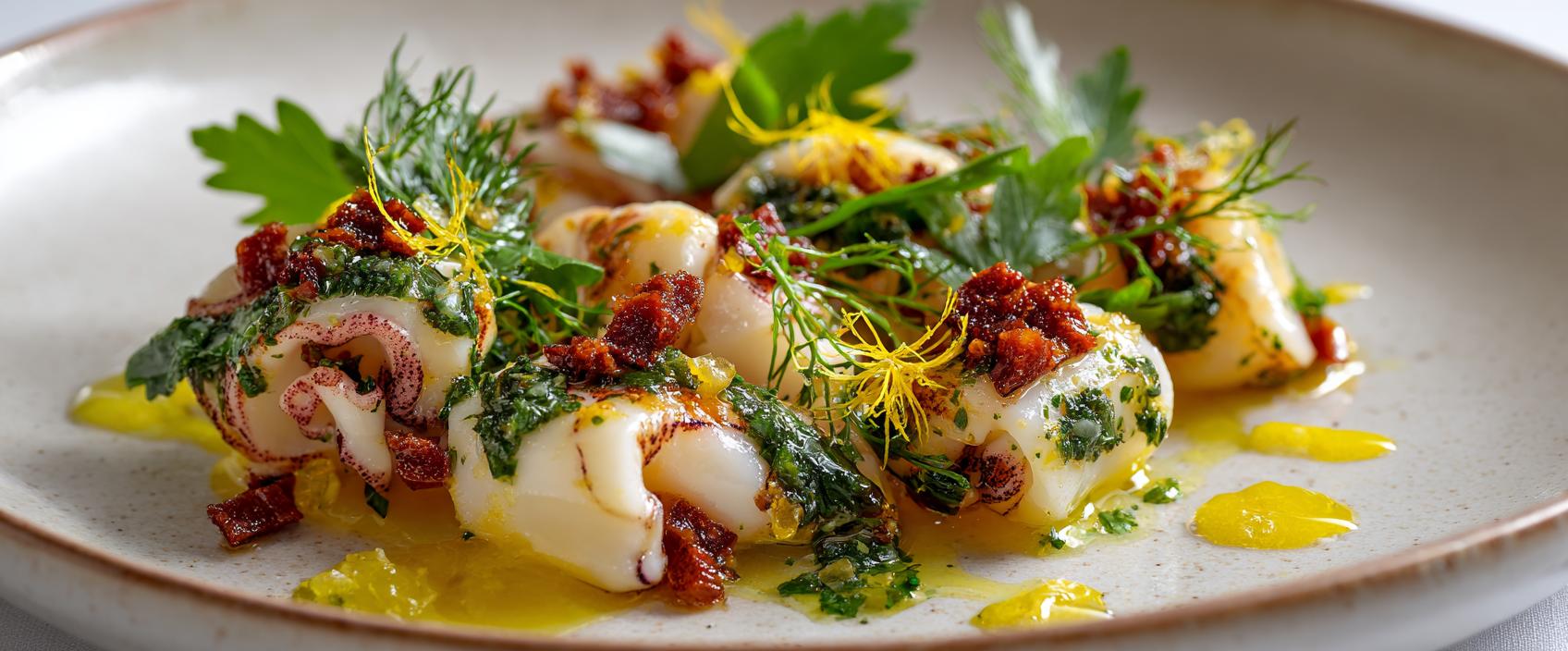 Inktvis met Chorizo, Saffraanboter en Peterselieolie