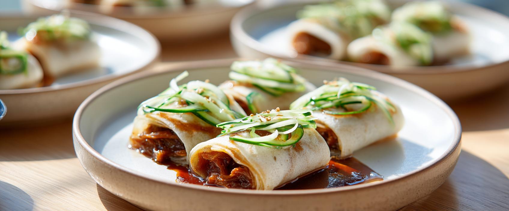 Jīng Jiàng Ròu Sī — Beijing varkensreepjes in zoete bonensaus met lentepannenkoekjes