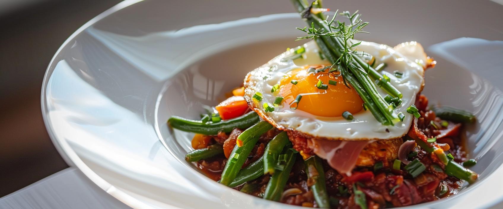 Judías verdes con tomate, jamón y huevo