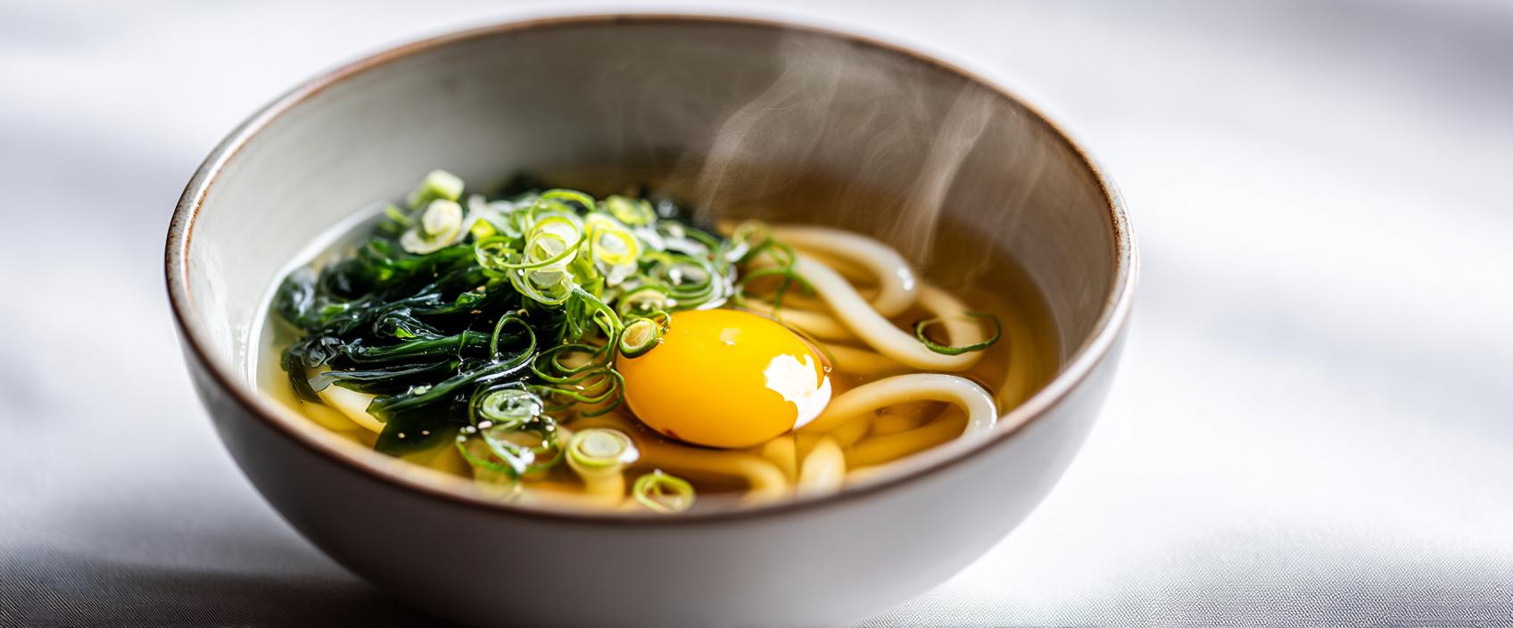 Kake Udon — udonnoedelsoep met zelfgemaakte dashi, wakame en tsukimi-eidooier