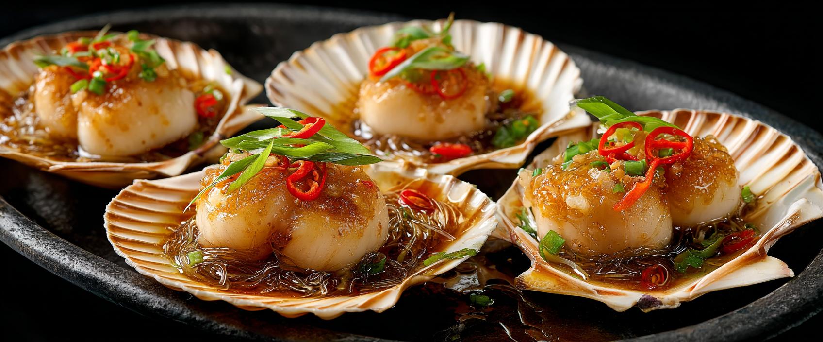 Suan Rong Fen Si Shan Bei — Kantonese gestoomde coquilles met gouden knoflook, gember en glasnoedels