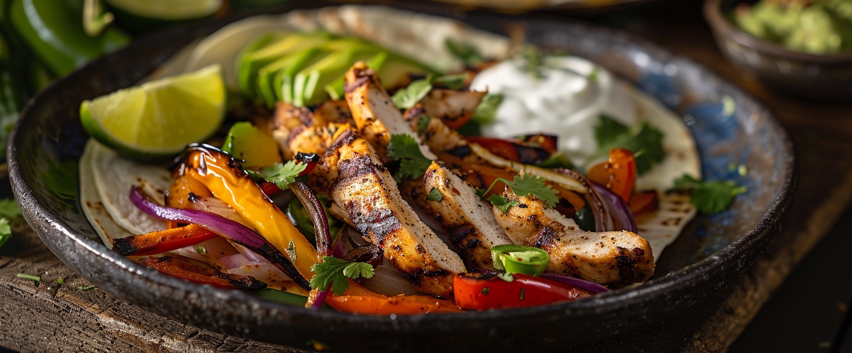 Gemarineerde kip fajita met geblakerde paprika en knoflookyoghurt