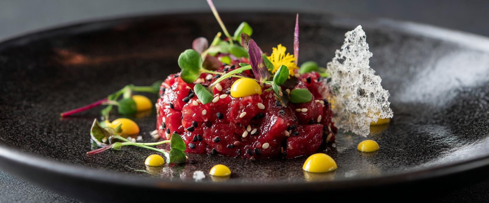 Korean Beef Tartare — ossenhaas, peer, gochugaru en eidooiercrème — Jungsik-stijl