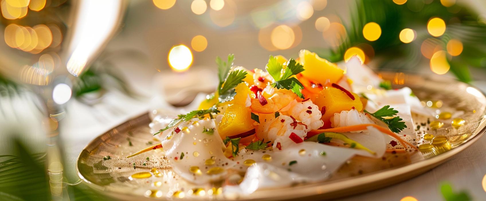 Krabsalade met mango, kaffir-limoenolie en rijstpapiercrisp