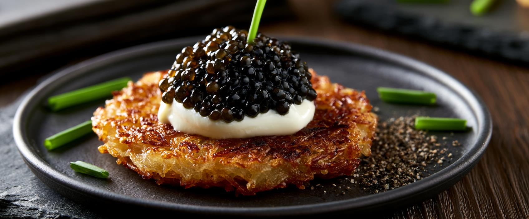 Krokante Aardappelrösti met Zure Room en Kaviaar