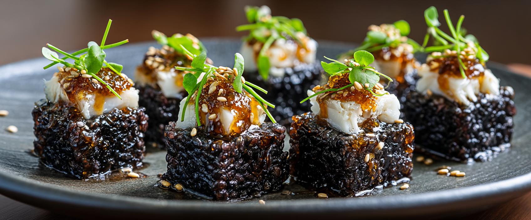 Krokante nori-rijstblokjes met krabsalade, pruimenchutney en sesam — Atomix-stijl