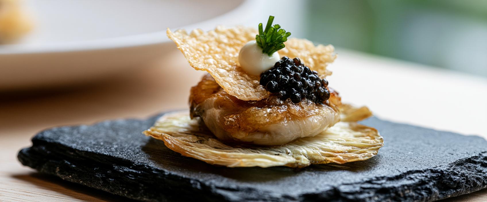 Lauwwarme oester met ingelegde schorseneer, aardappelchip en Baerii-kaviaar