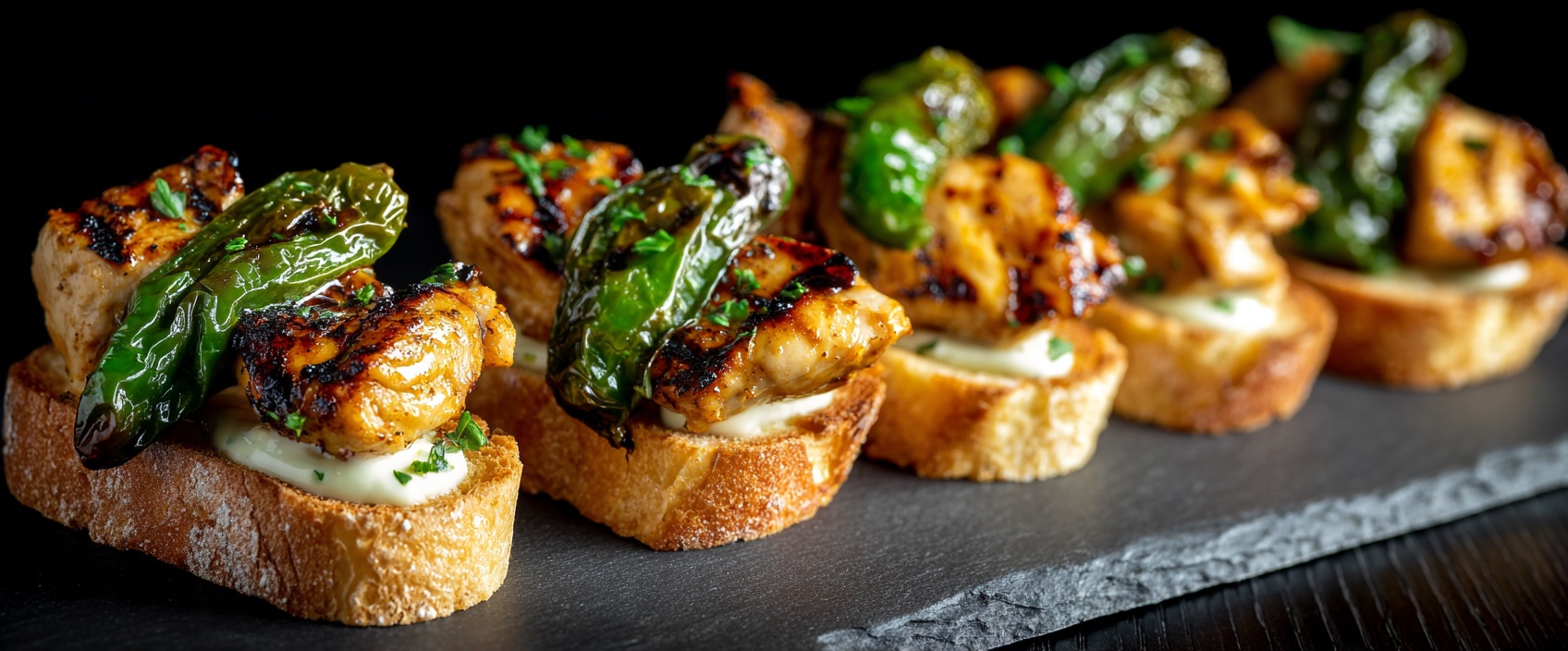 Mini-kip kebab met pimientos de padrón op brood