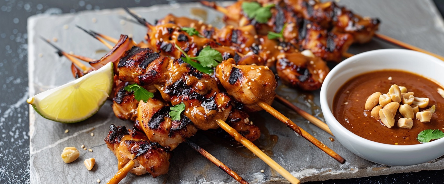 Mini kipsaté van platgeslagen kipdij met diepe zoete pindasaus