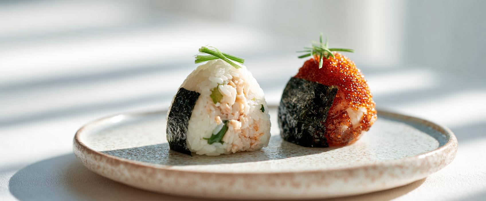 Mini-onigiri in twee smaken: tonijn-Kewpie en garnaal-paprika