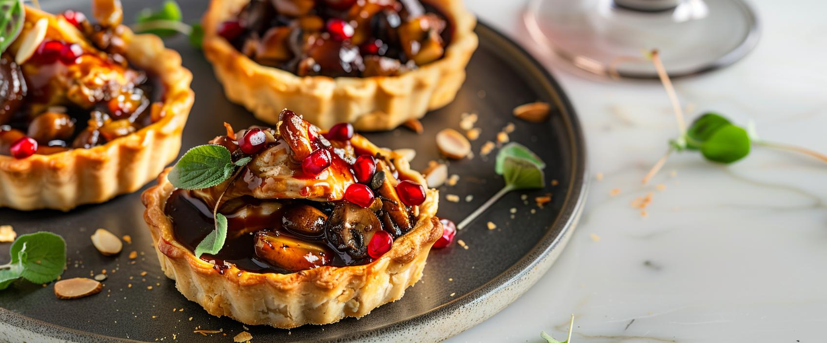Mini-tartelette van Amontillado-kipstoof met kersen-sherrylak en granaatappel