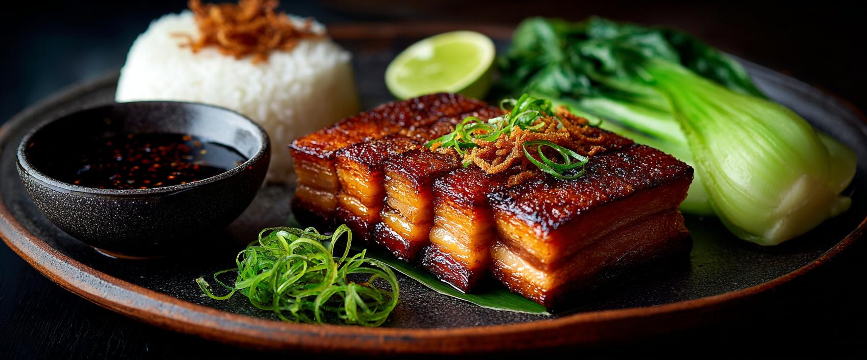 Moo Krob — krokante varkensbuik met Thai-Chinese fermentglaze en pak choi — Potong-stijl