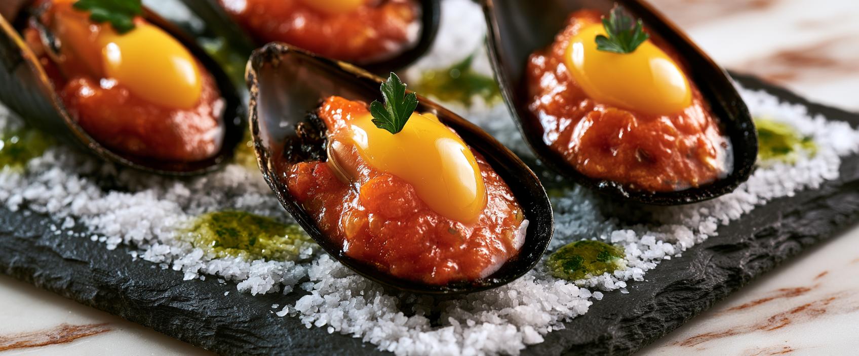 Mossel in de schelp met tomaat-oloroso-saus en gegrilde eidooierroom