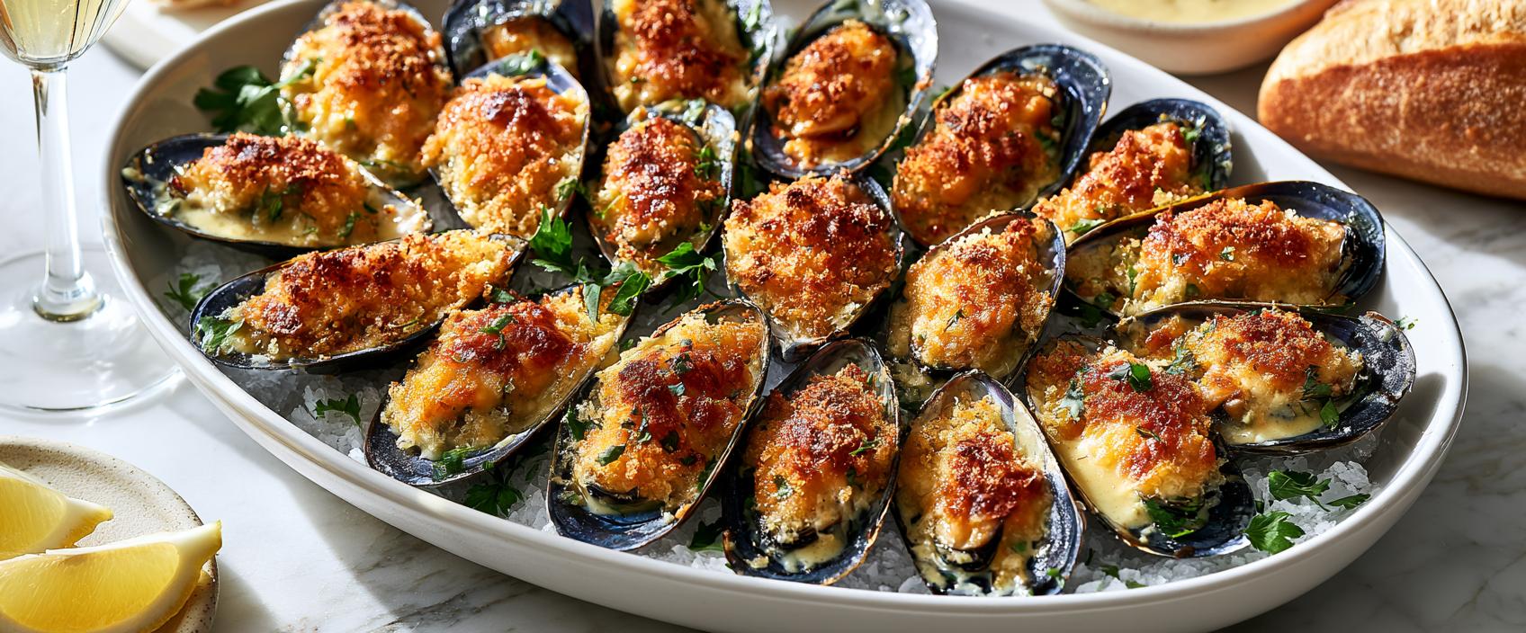 Moules Thermidor — gegratineerde mosselen in de Parijse haute-cuisine-traditie