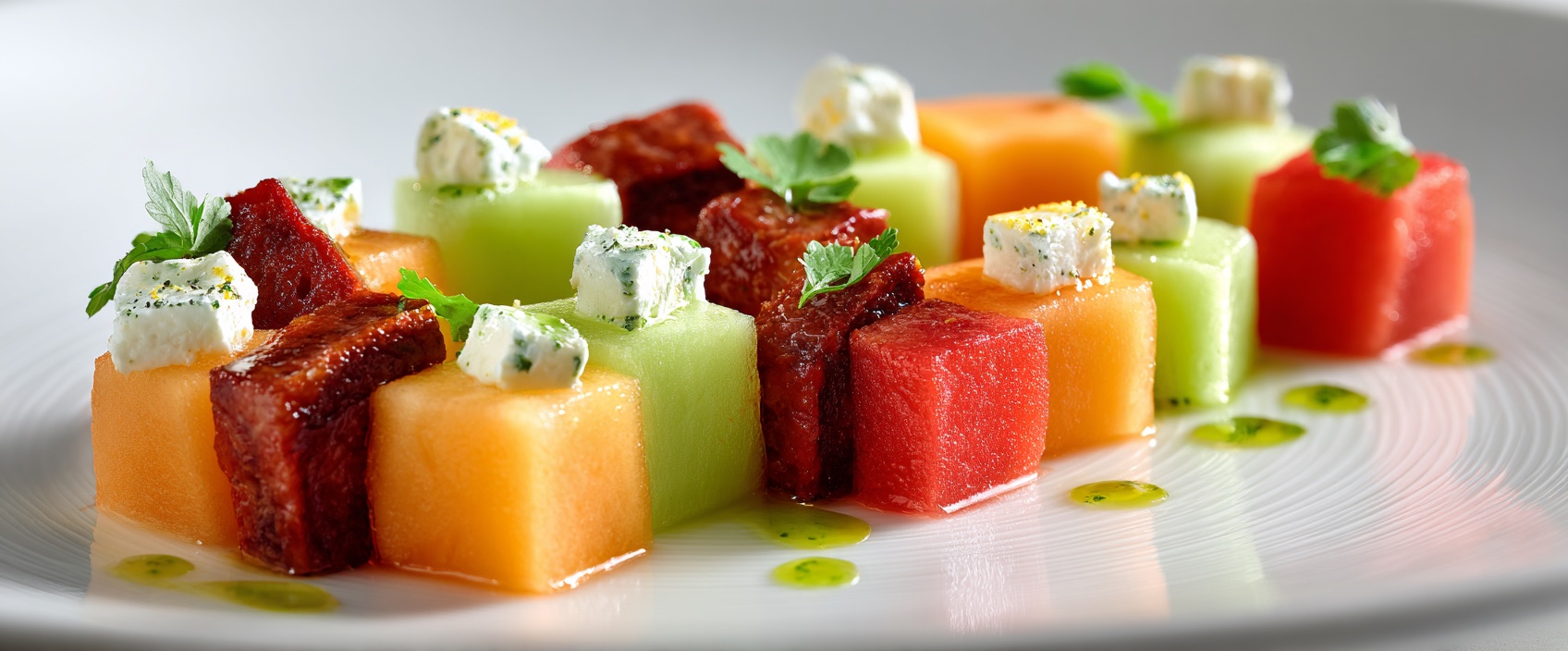 Mozaïeksalade van meloen, chorizo, avocado en feta