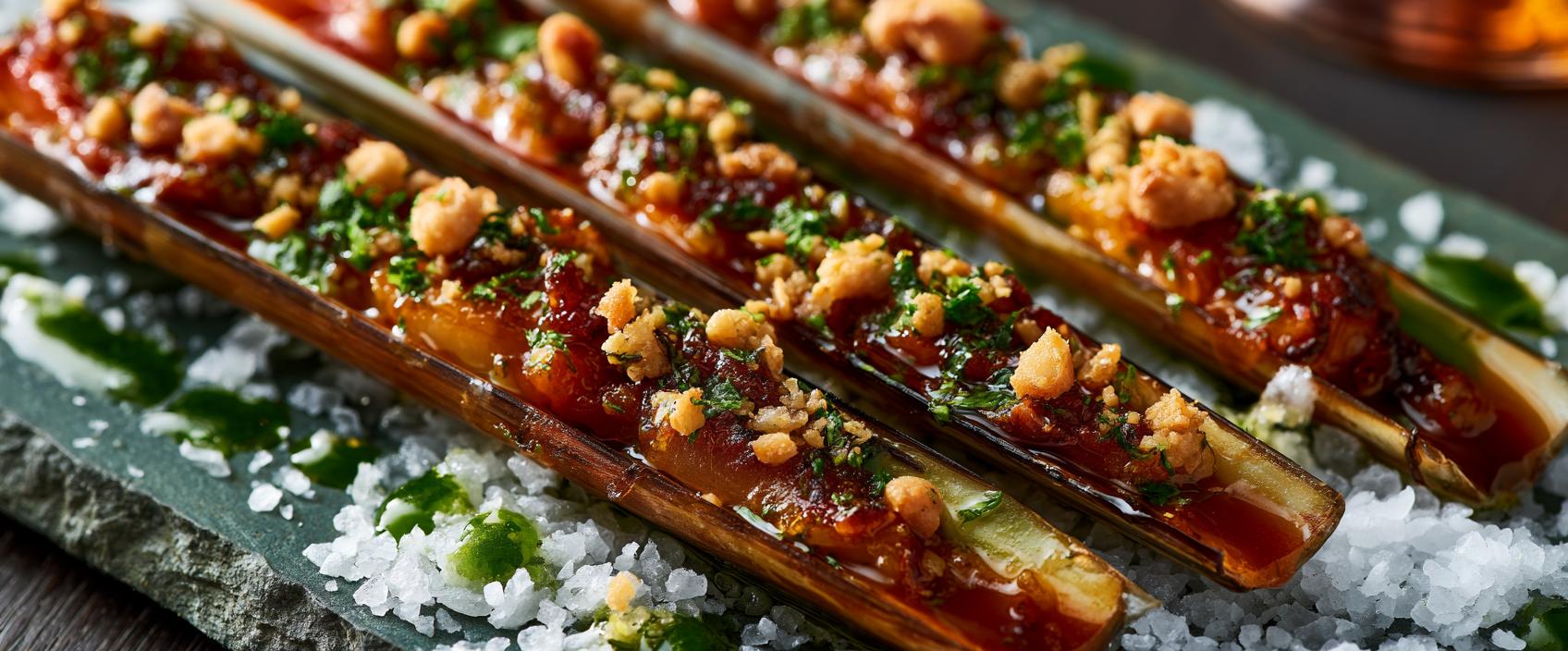 Navajas à la plancha met warme escabeche, peterselie-olie en Marcona-amandelkruim