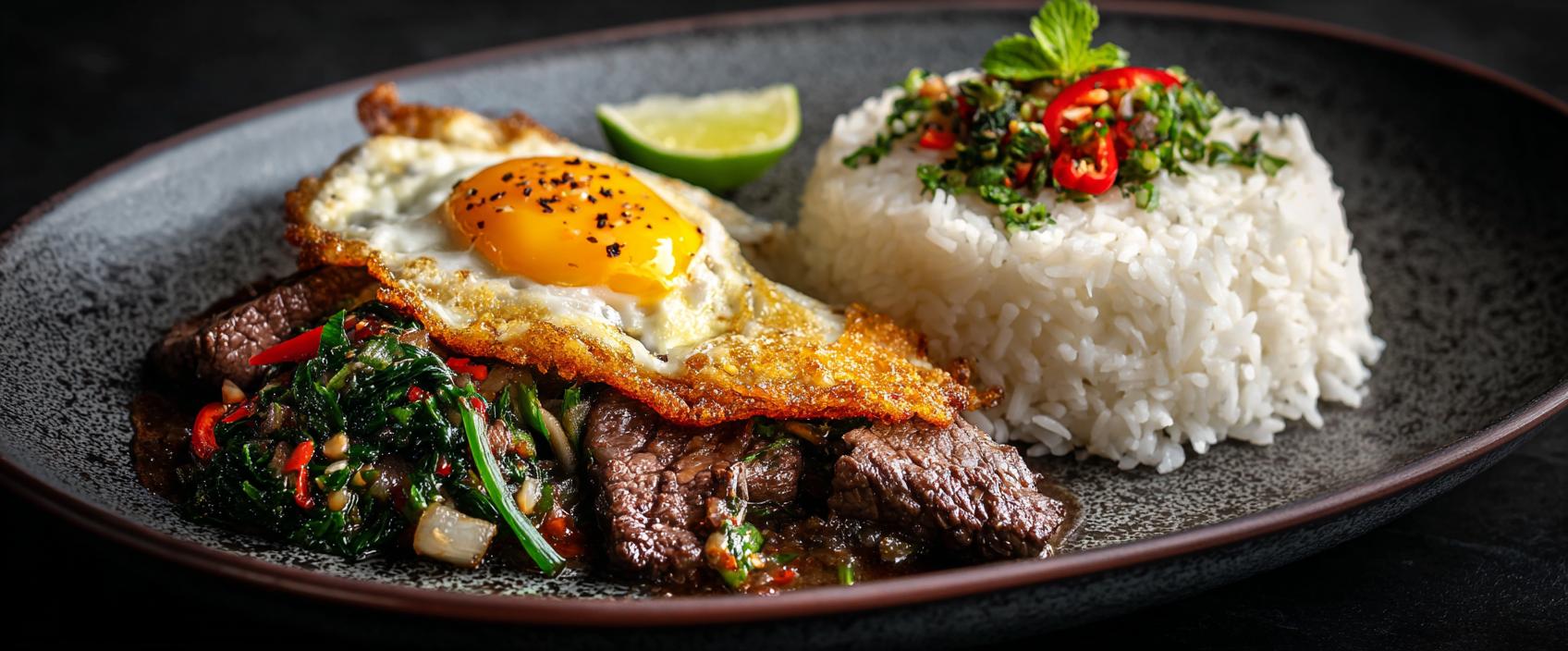 Pad Kaprao van Entrecote met Krokant Ei, Jasmijnrijst en Chili-Limoenrelish — Nusara-Stijl