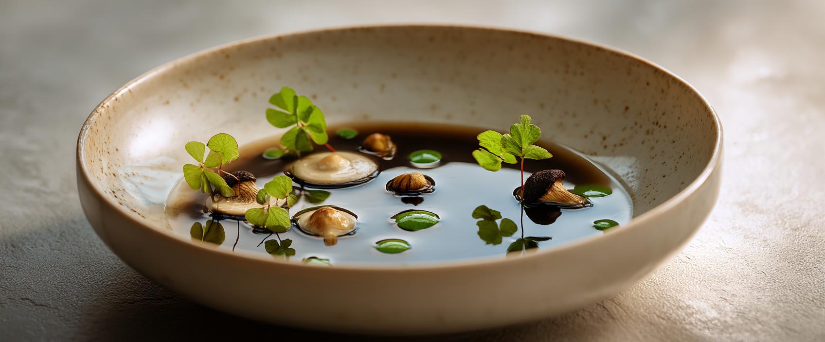 Paddenstoel-Velouté met Madeira, Dragon-Peterselieolie en Kervel — Atelier Crenn-Stijl