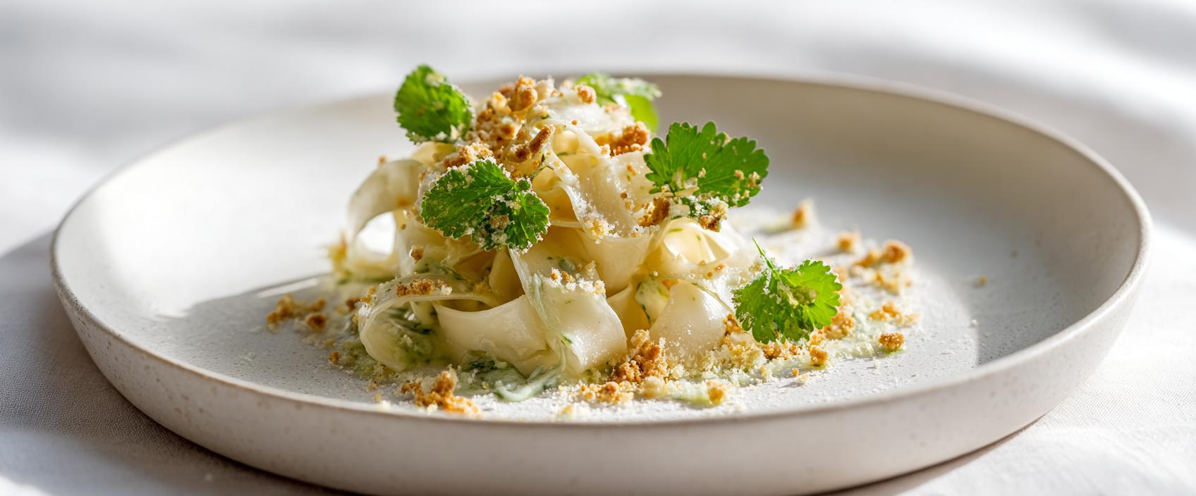 Palmhart-Fettuccine met Beurre Noisette, Salie, Parmigiano en Popcornpoeder — D.O.M.-Stijl