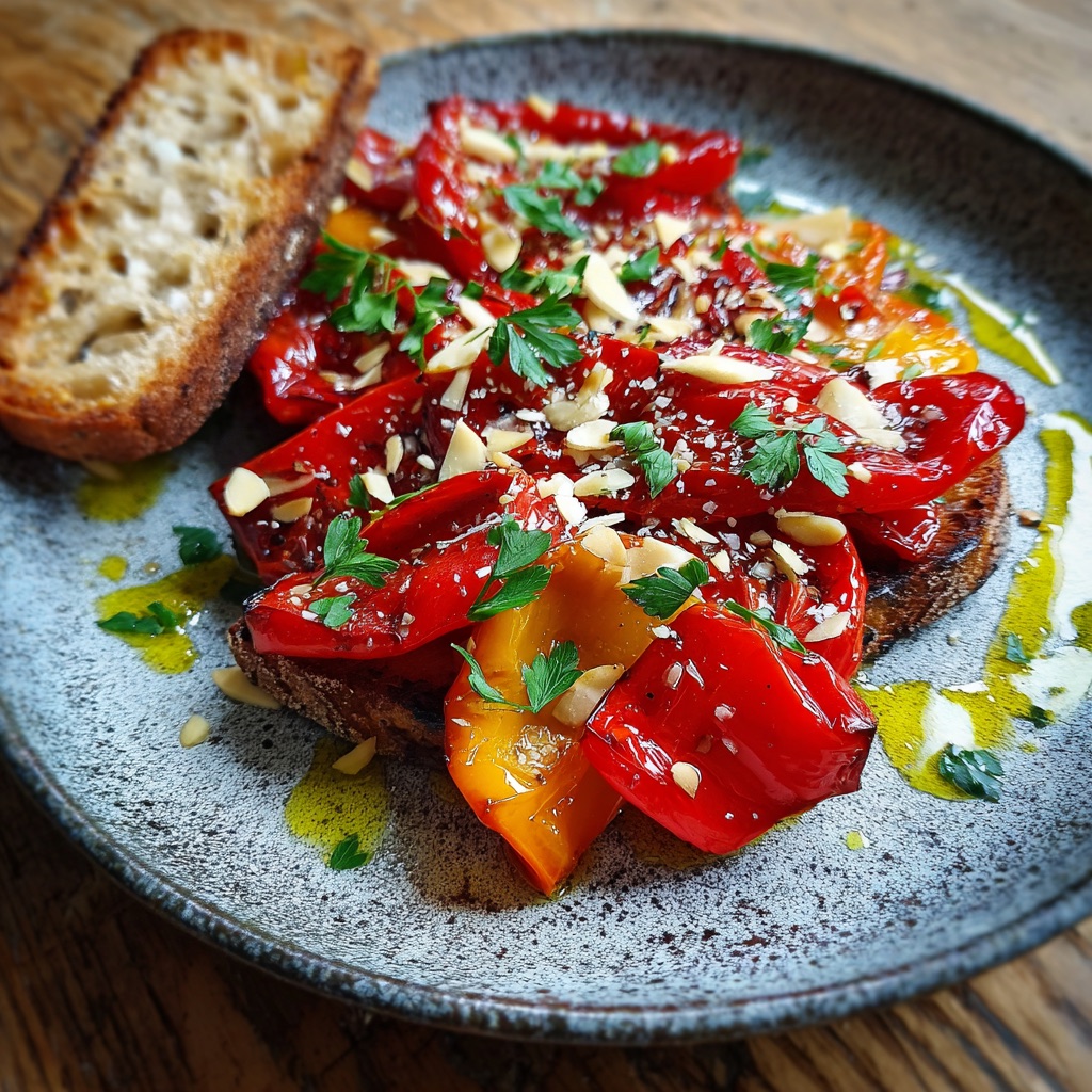 Paprika's met knoflook, honing en amandelen