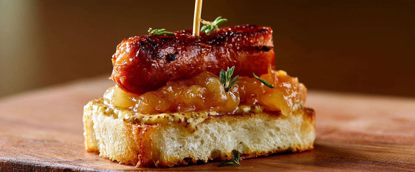 Pintxo de chistorra met appelcompote, honingmosterd en tijm
