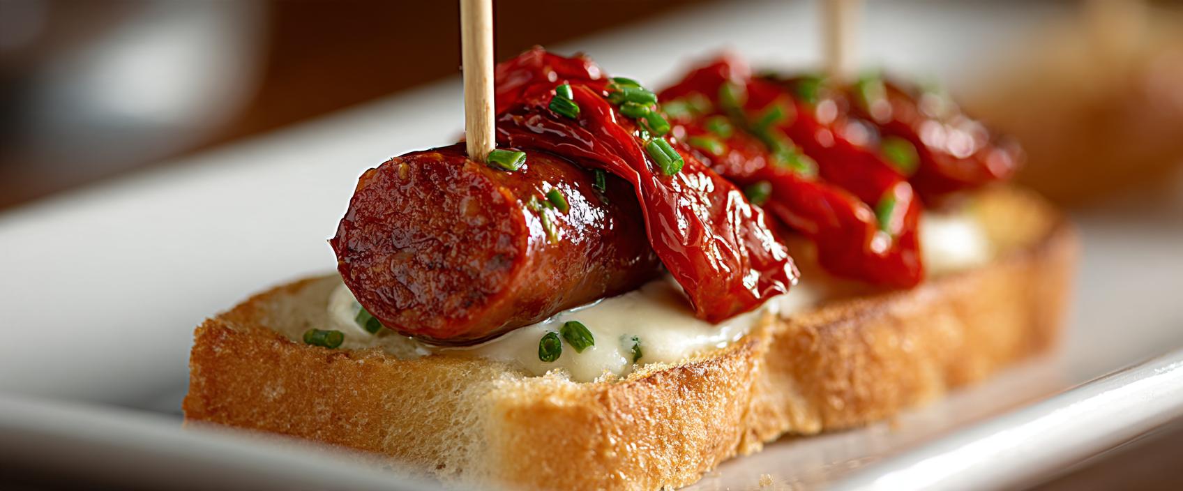 Pintxo de Chistorra met Piquillo, Knoflookmayonaise en Kappertjes