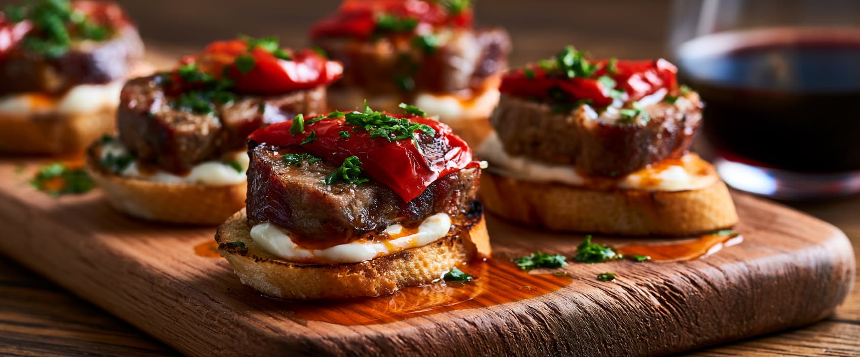 Pintxo met gekruide gehaktrol, aioli en piquillo